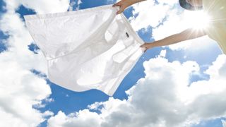 Woman holding white shirt in breeze
