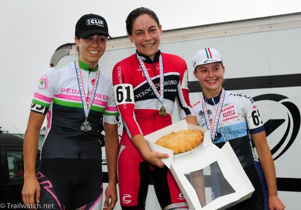 Women&rsquo;s podium (L to R) Anna Barensfeld (Pedalpowertraining.com), 2nd; Crystal Anthony (Cyclocrossworld), 1st; Frances Morrison (JAM Fund/NCC/Vittoria), 3rd