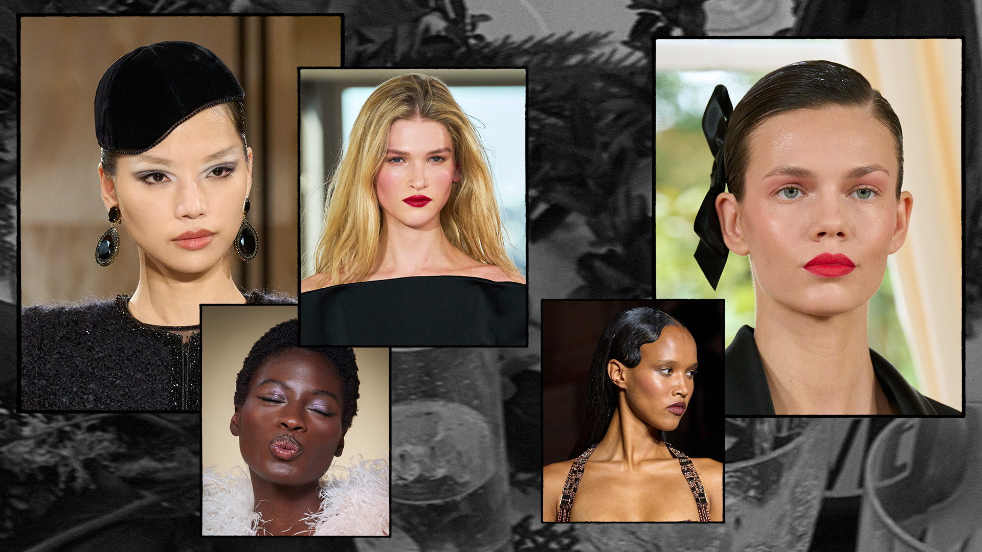 A collage of people in holiday-inspired makeup and hairstyles.