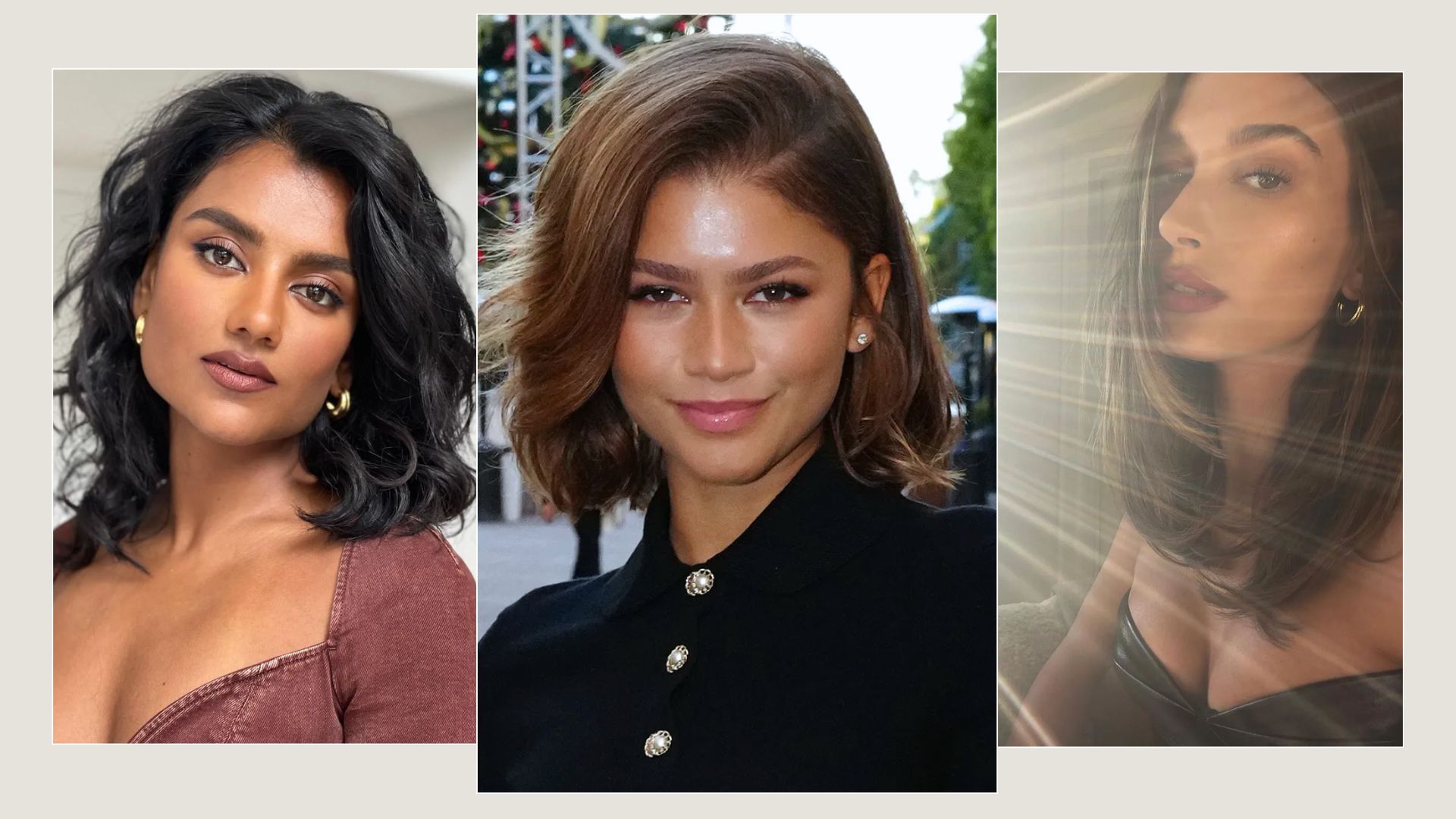 Simone Ashley, Zendaya and Hailey Bieber with lob hairstyles