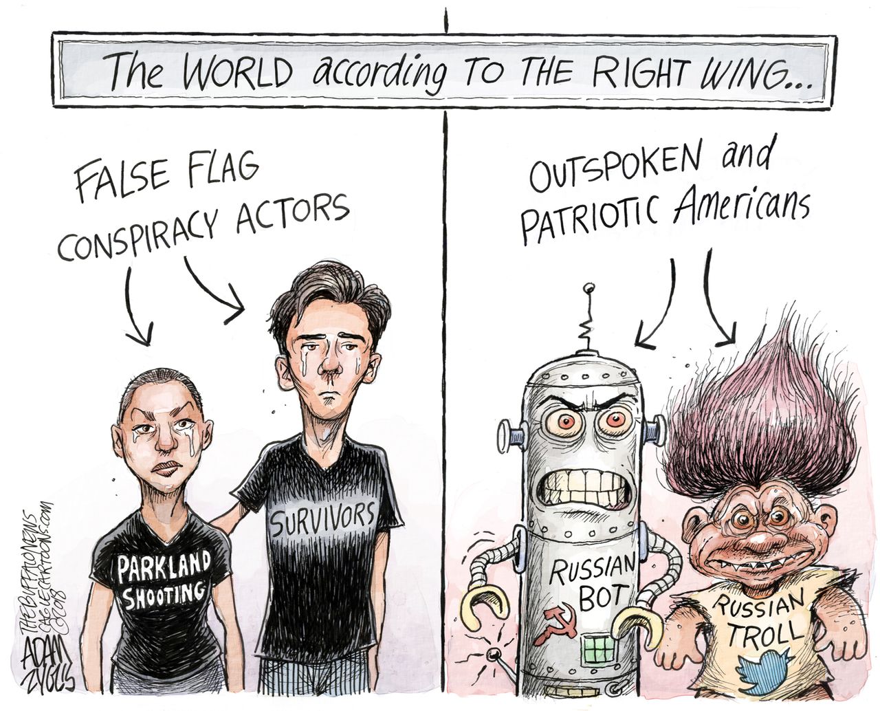 Political cartoon U.S. Parkland shooting students conspiracy theories Russia bots