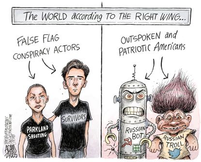 Political cartoon U.S. Parkland shooting students conspiracy theories Russia bots