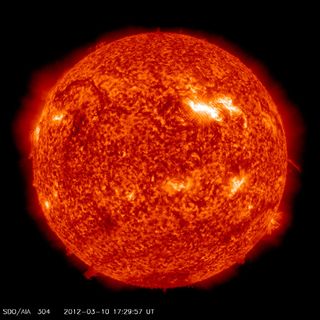 This image, captured by NASA's Solar Dynamics Observatory (SDO) on March 10, 2012, shows an active region on the sun, seen as the bright spot to the right. Designated AR 1429, the spot has so far produced three X-class flares and numerous M-class flares.