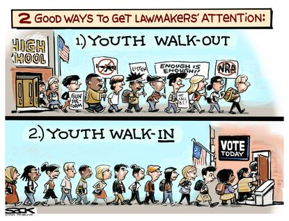 Political cartoon U.S. Parkland mass shooting students walk-out midterms gun control Congress