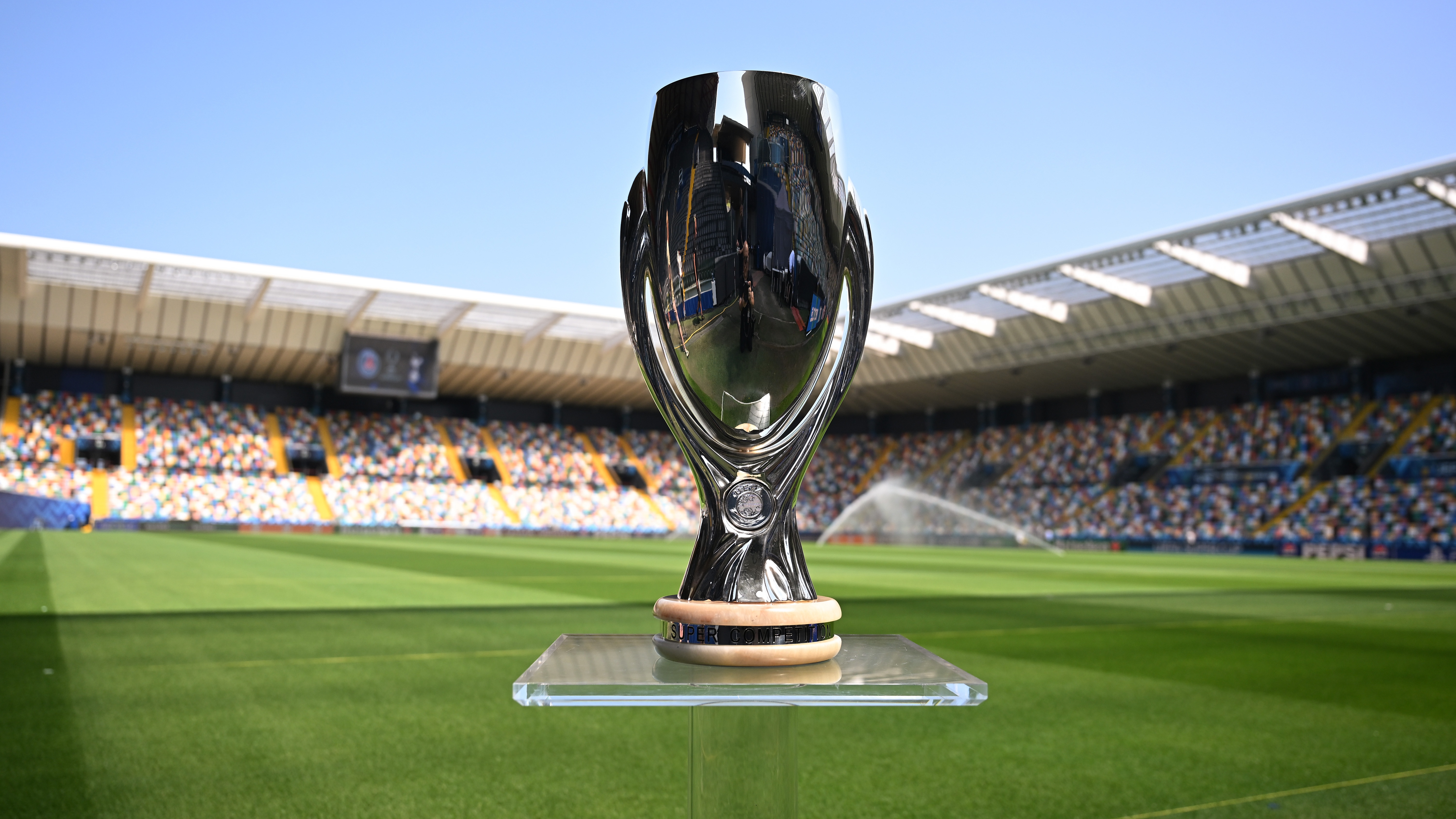 The UEFA Super Cup Trophy is seen prior to the UEFA Super Cup 2025 match between Paris Saint-Germain and Tottenham Hotspur at Stadio Friuli at Friuli Stadium on August 11, 2025 in Udine, Italy.