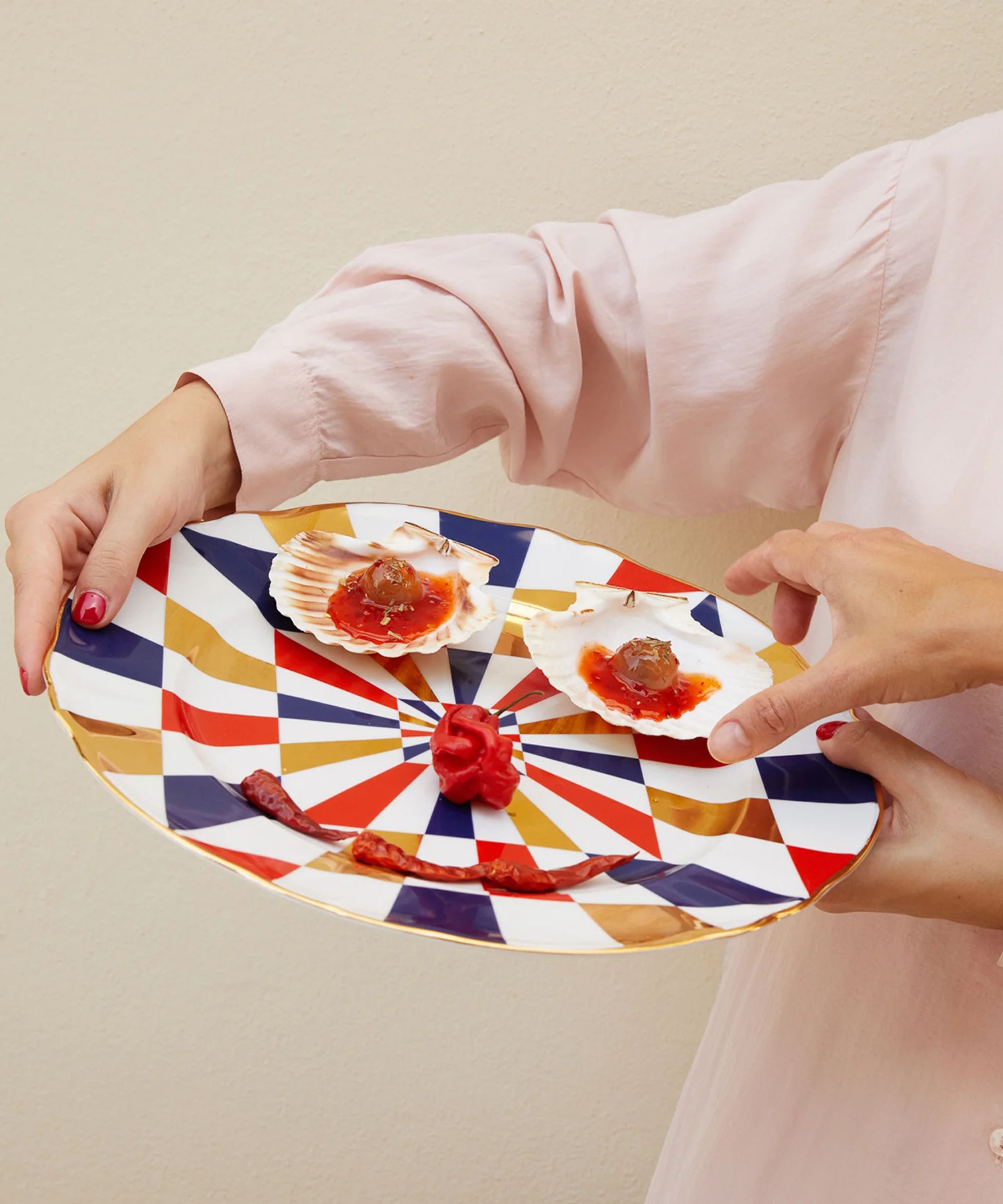 colorful plate being held by woman in pink shirt. two shells with food on plate