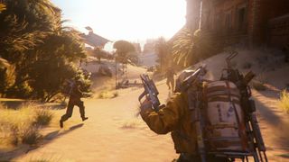 Arc Raiders olive locations: Three raiders running with guns in their hands through Buried City, an urban environment flooded with sand.