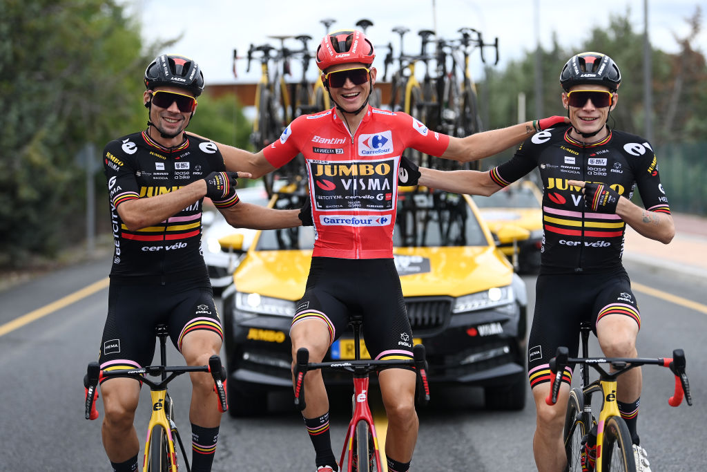 2023 Vuelta a España - the final podium: L-R: Primoz Roglič (3rd), Sepp Kuss (Ist), Jonas Vingegaard (2nd).