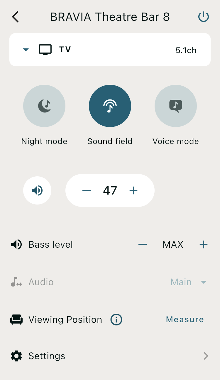 Screenshot of BRAVIAConnect app showing control screen for the Sony BRAVIA Theater Bar 8 soundbar