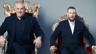 Taskmasterclass narrators Greg Davies and Alex Horne pose on thrones in a promotional image for Taskmaster