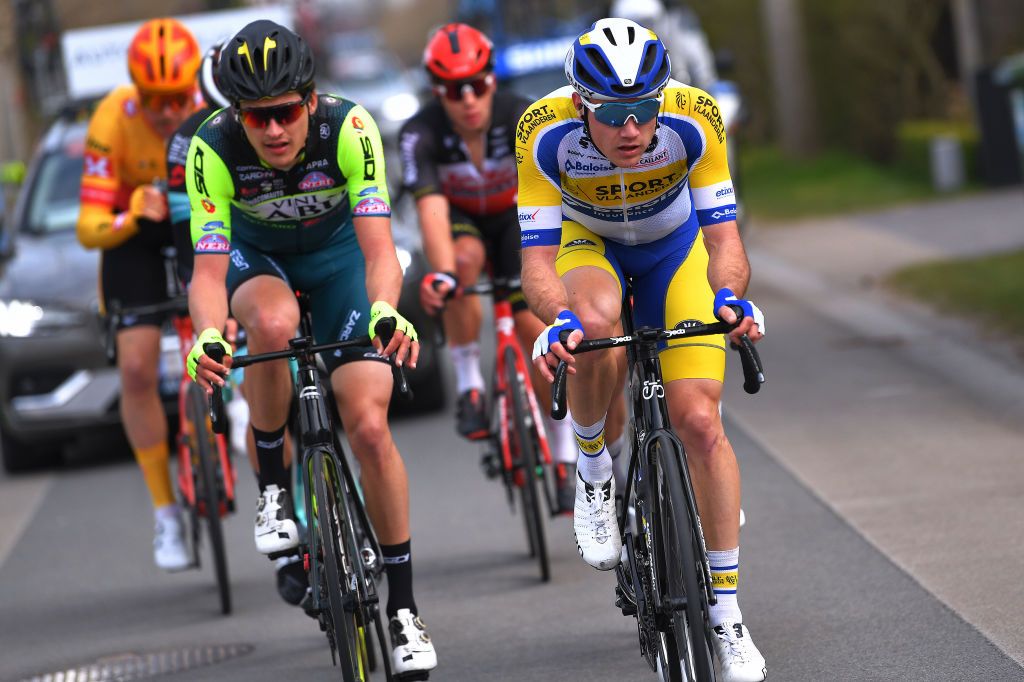 DE PANNE BELGIUM MARCH 24 Wout Van Elzakker of Netherlands and Team Vini Zabu Brado KTM Ruben Apers of Belgium and Team Sport Vlaanderen Baloise during the 45th Oxyclean Brugge De Panne 2021 Men Classic a 2039km race from Brugge to De Panne Breakaway OxycleanClassic on March 24 2021 in De Panne Belgium Photo by Luc ClaessenGetty Images