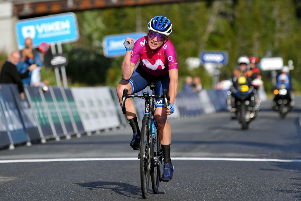NOREFJELL NORWAY AUGUST 14 Annemiek Van Vleuten of Netherlands and Movistar Team Women celebrates winning the 7th Ladies Tour Of Norway 2021 Stage 3 a 145k stage from Drammen to Norefjell 791m LTourOfNorway LTON21 UCIWWT on August 14 2021 in Norefjell Norway Photo by Luc ClaessenGetty Images