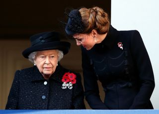 Kate Middleton and the Queen attend the annual Remembrance Sunday service at The Cenotaph on November 10, 2019 in London, England