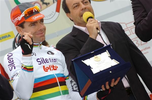 A special presentation was made to Cadel Evans before the race.