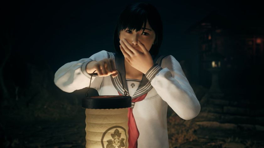 Silent Hill f screenshot of Hinako covering her mouth in shock and fear, holding a lantern