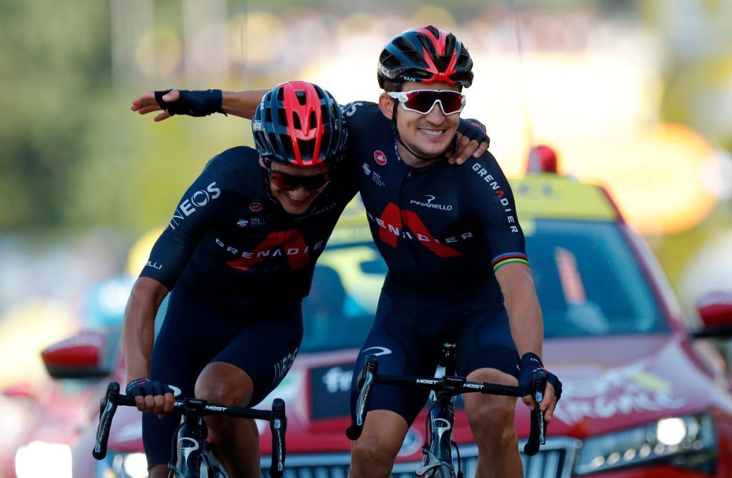 Team Ineos rider Polands Michal Kwiatkowski R celebrates as he crosses the finish line ahead of Team Ineos rider Ecuadors Richard Carapaz during the 18th stage of the 107th edition of the Tour de France cycling race 168 km between Meribel and La Roche sur Foron on September 17 2020 Photo by STEPHANE MAHE POOL AFP Photo by STEPHANE MAHEPOOLAFP via Getty Images