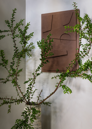 A vase with branches in the corner of a room featuring wall art