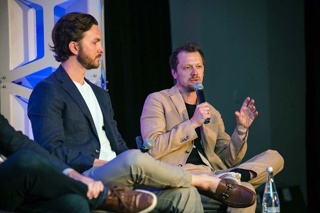 (From l.) Gabe Richman of The Trade Desk and Julian Riediger of Roku on the &ldquo;Hitting the Target&rdquo; panel.