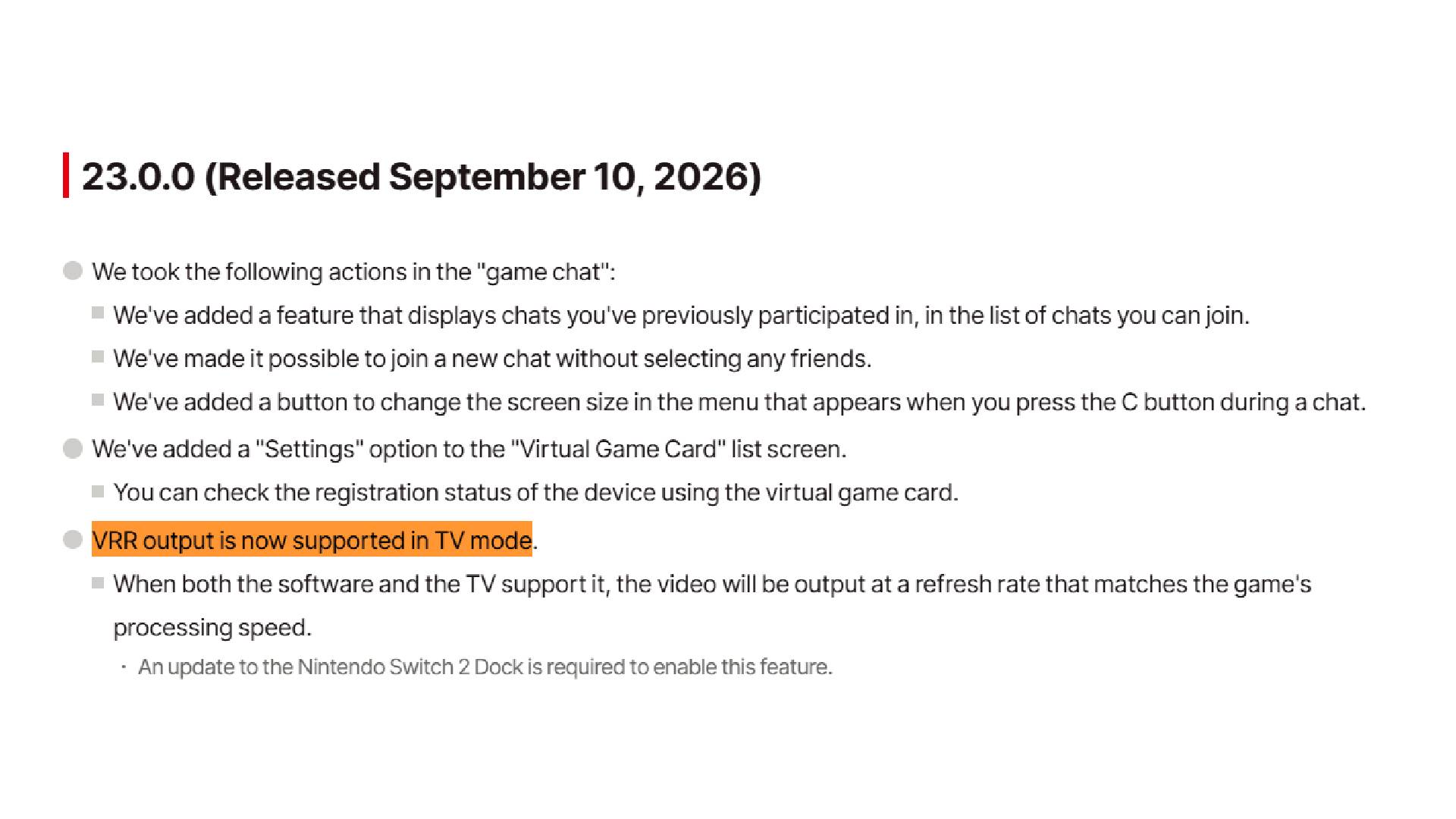 Snippet of Switch 2 update 23.0.0 patch notes with "VRR output is now supported in TV mode" highlighted.