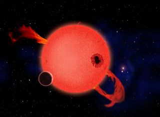When it's young, a red dwarf star frequently erupts with strong ultraviolet flares as shown in this artist's conception. Some have argued that life would be impossible on any planet orbiting in the star's habitable zone as a result. However, the planet's atmosphere could protect the surface, and in fact such stresses could help life to evolve. And when the star ages and settles down, its planet would enjoy billions of years of quiet, steady radiance. Image released Feb. 6, 2013.