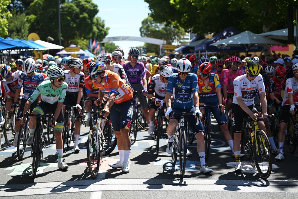 TANUNDA AUSTRALIA JANUARY 22 LR Fergus Browning of Australia and ARA Australian Cycling Team Green Mountain Jersey Sam Welsford of Australia and Team Red Bull BORA hansgrohe Orange Santos Leaders Jersey Matthew Walls of The United Kingdom and Team Groupama FDJ Blue Sprint Jersey and Matthew Brennan of The United Kingdom and Team Visma Lease A Bike White best young jersey prior to the 25th Santos Tour Down Under 2025 Stage 2 a 1288km stage from Tanunda to Tanunda 342m UCIWT on January 22 2025 in Tanunda Australia Photo by Dario BelingheriGetty Images