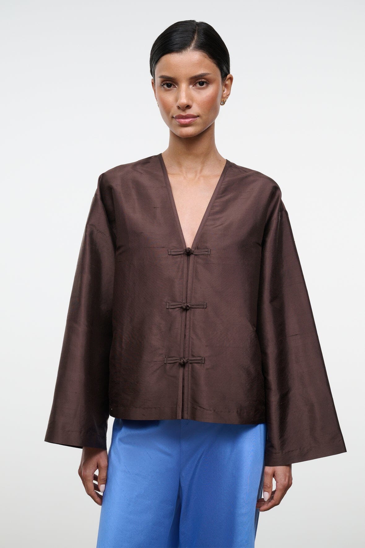 Vito Silk Dupioni Top | Earth Brown - Size Xs/s