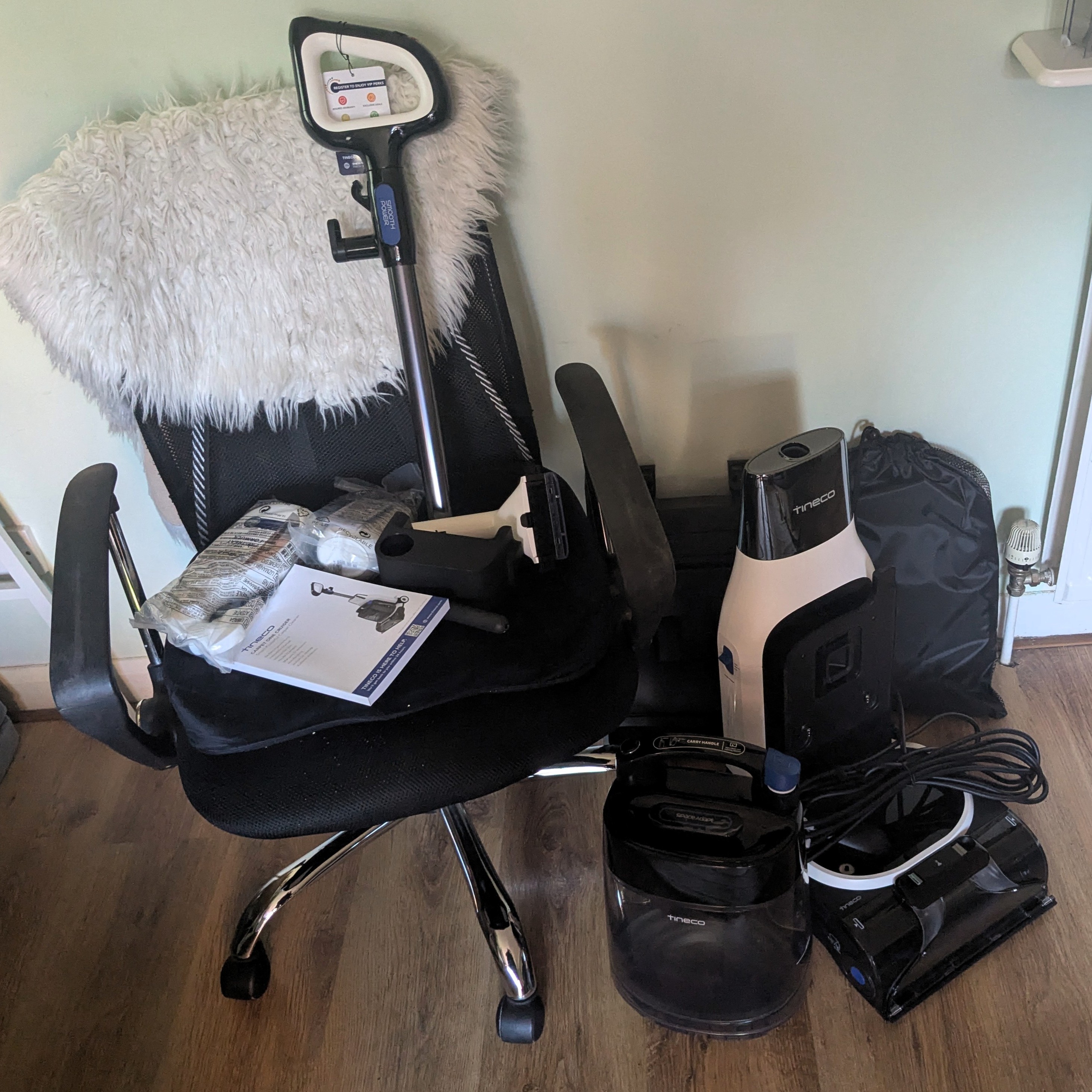 Tineco Carpet One Cruiser components side by side after unboxing