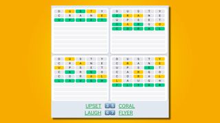 Quordle daily sequence answers for game 530 on a yellow background