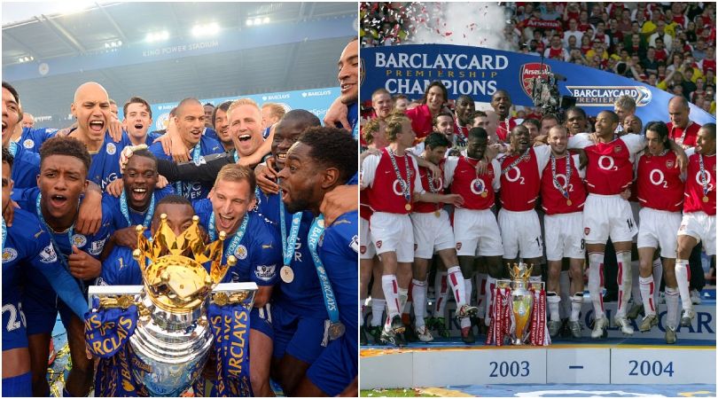 LONDON, ENGLAND - May 15: Arsenal players celebrate with Premiership trophy after becoming the 2003-2004 Premier League champions after winning the Premier League match between Arsenal and Leicester at Highbury on May 15, 2004 in London, England. (Photo by Michael Mayhew/Sportsphoto/Allstar via Getty Images)