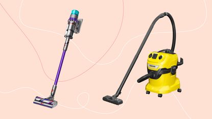 Dyson Gen5detect Absolute and Karcher WD4 wet and dry vacuum cleaner on pink background