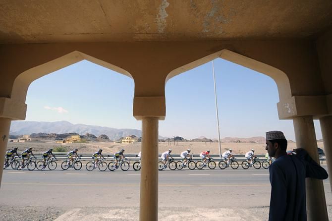 The Tour of Oman peloton en route from Fanja in Bidbid to Al Bustan during stage 2.