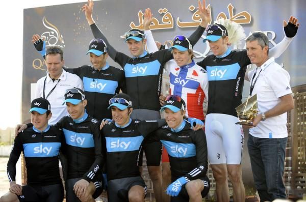 The entire Sky team were on the podium to celebrate their win