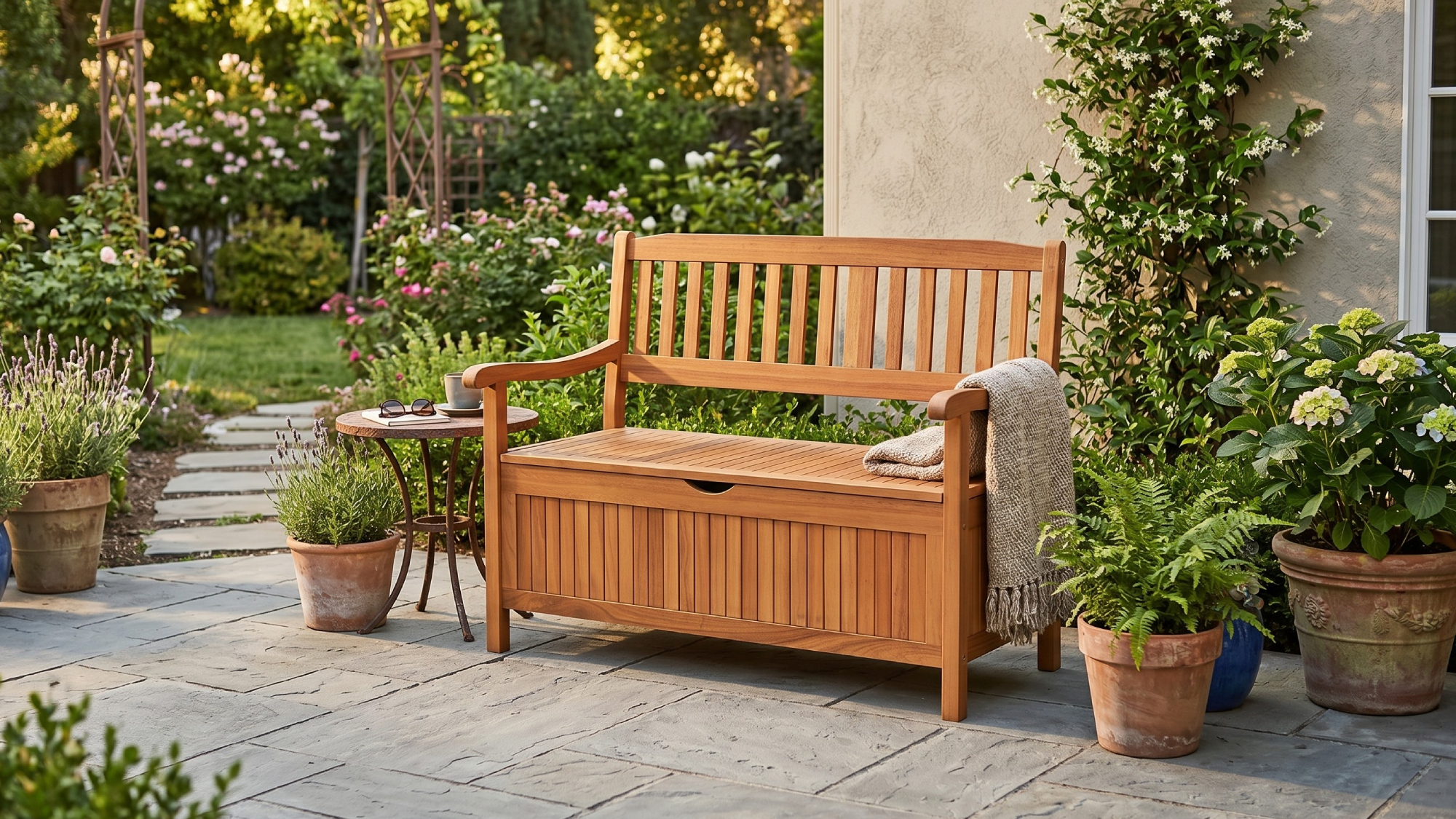  AI storage bench on patio in a garden 