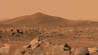 NASA's Perseverance’s Mastcam-Z Views of “Santa Cruz” on Mars taken on April 29, 2021. The entire scene is inside of Mars' Jezero Crater; the crater's rim can be seen on the horizon line beyond the hill. There is a large red mountain in the background. In the foreground there is red sand and a lot of rocks all over the place.