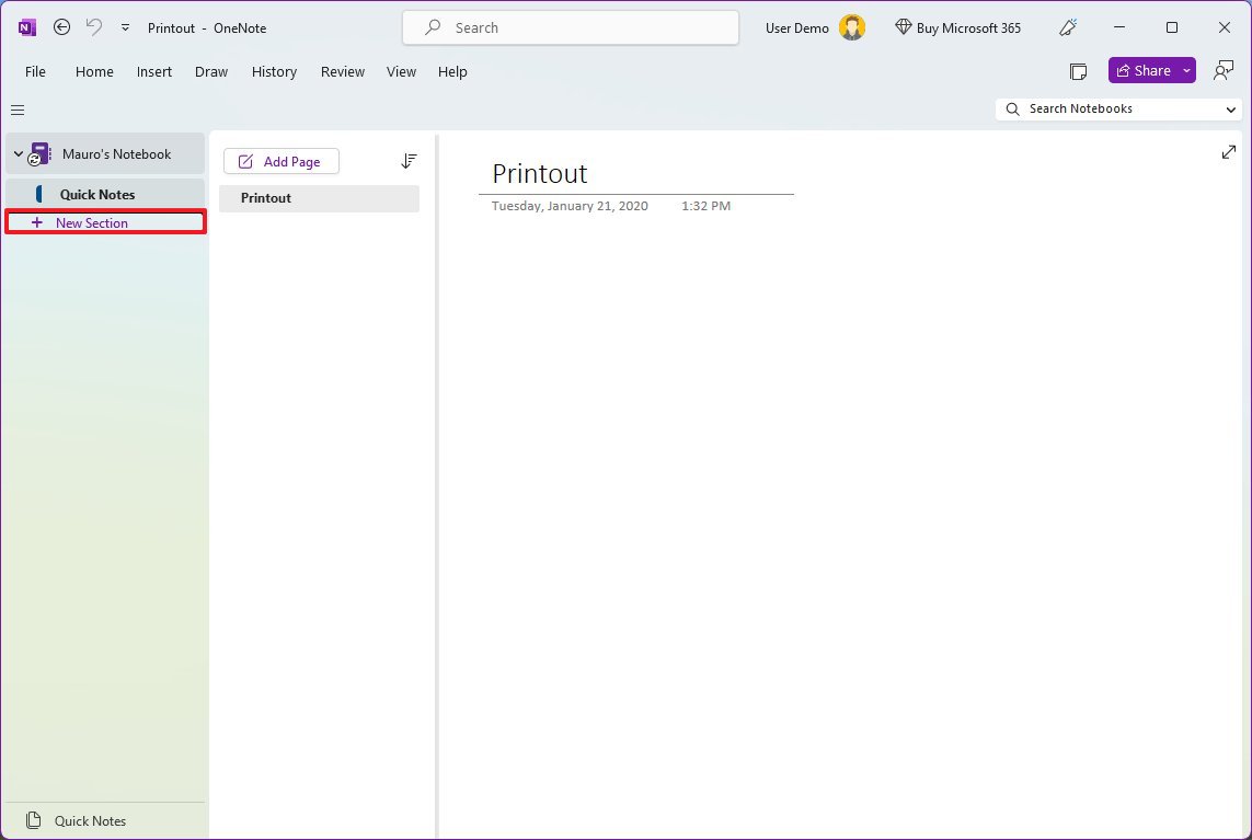 OneNote Create section