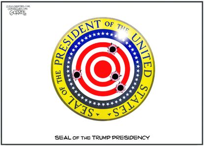 Political cartoon U.S. Seal of Trump presidency bullet holes