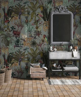 Exotic bird and plant printed luxury bathroom wallpaper with silver mirror, vanity unit and rattan baskets