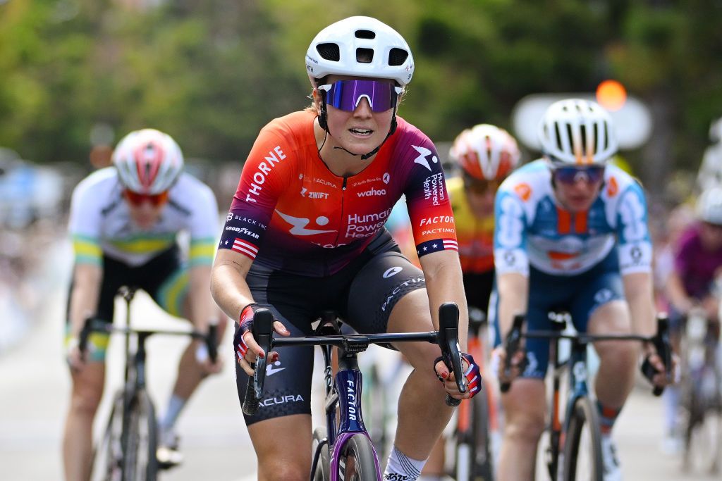 GEELONG AUSTRALIA JANUARY 27 Ruth Edwards of The United States and Team Human Powered Heatlth crosses the finish line during the 7th Deakin University Elite Womens Road Race 2024 a 1408km one day race from Geelong to Geelong UCIWWT on January 27 2024 in Geelong Australia Photo by Tim de WaeleGetty Images