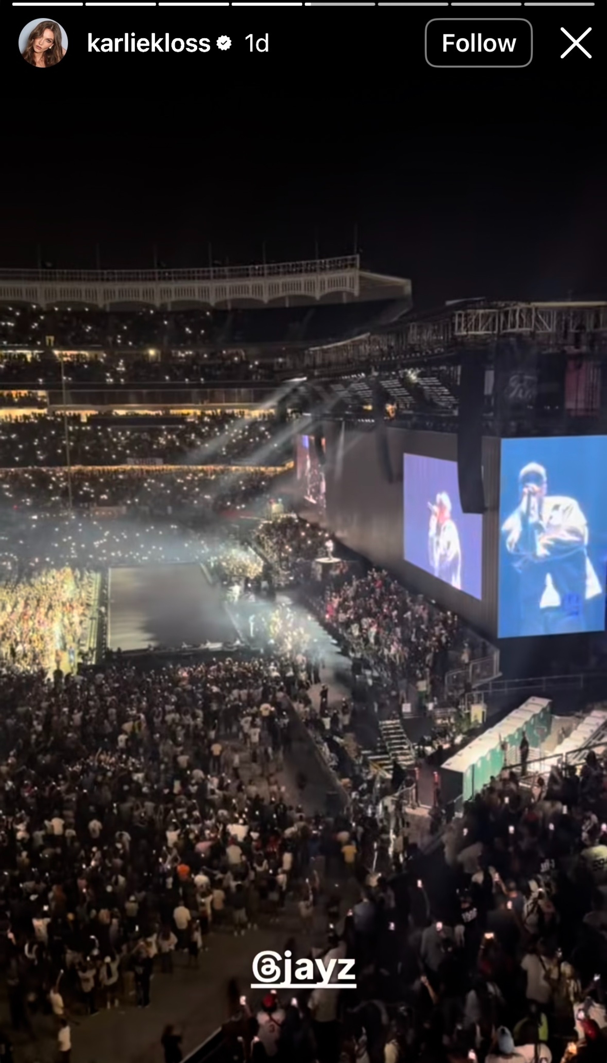 A screenshot of a video Karlie Kloss took at Jay Z concert.