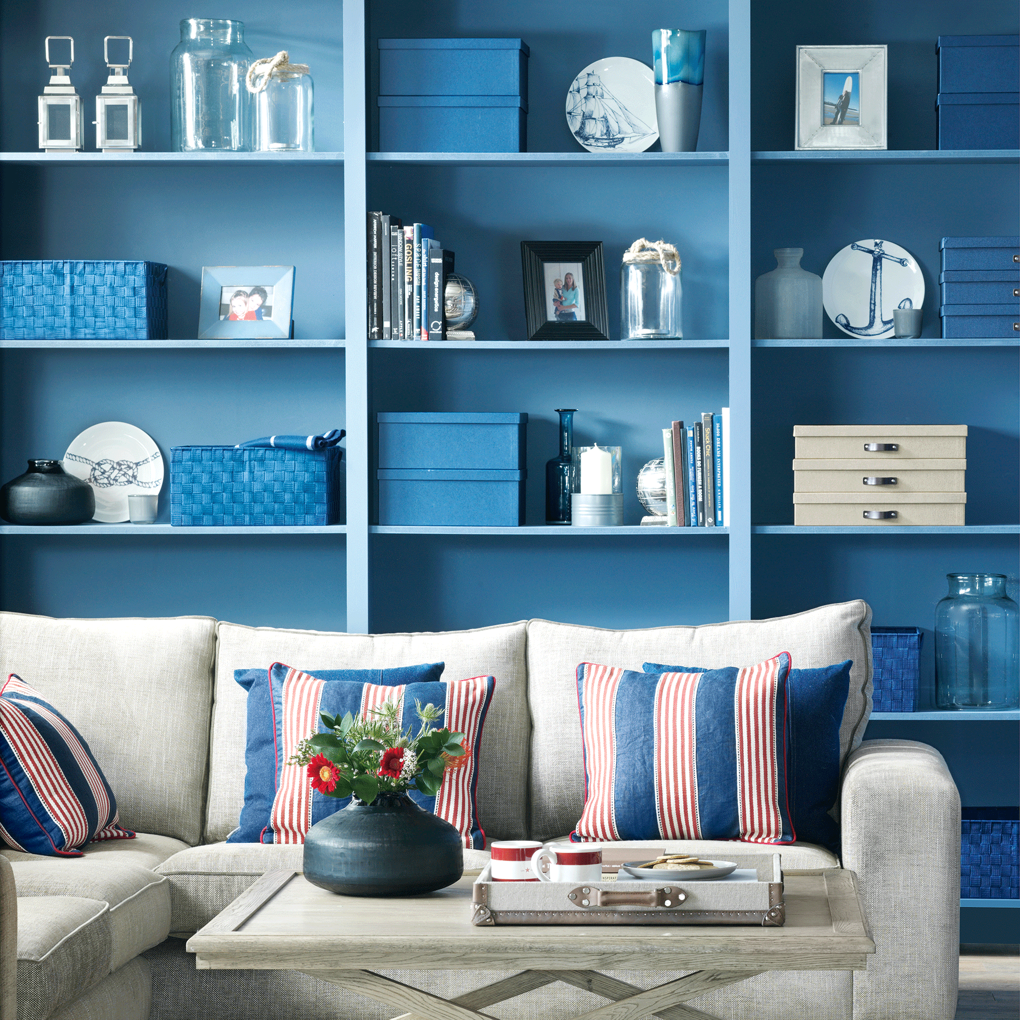 Blue shelves in blue living room