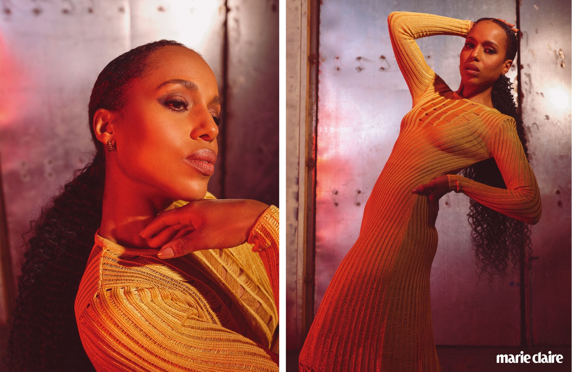 Kerry Washington in a yellow knit maxi dress by Gabriela Herst