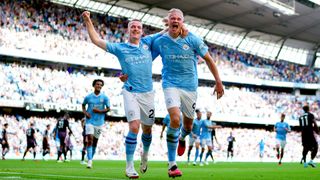 Erling Haaland (R) and Sergio Gomez (L) celebrate a goal at the Etihad ahead of the Man City vs Nottm. Forest live stream