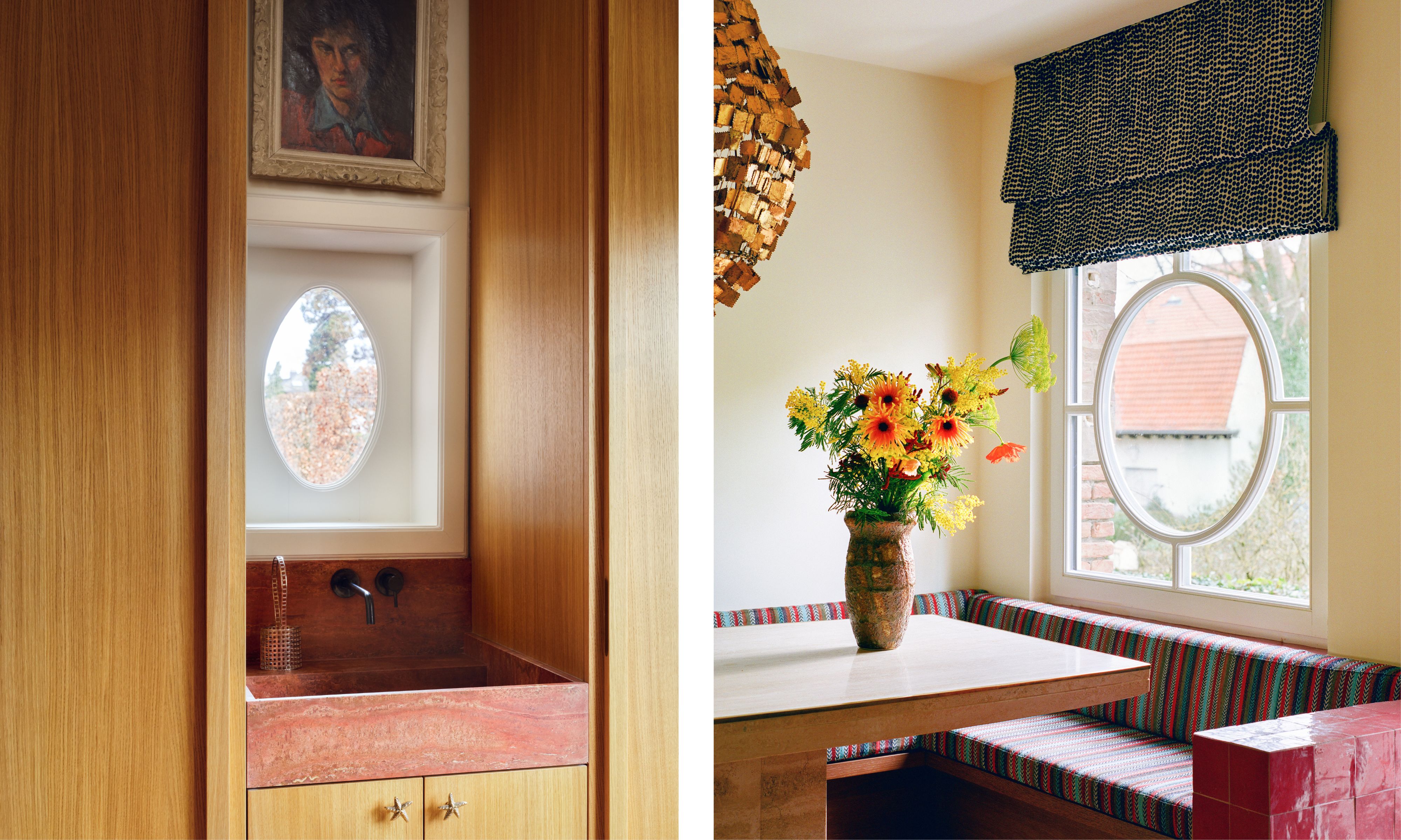 two side by side images of an oak clad powder room and a breakfast nook with a striped banquette and oak table