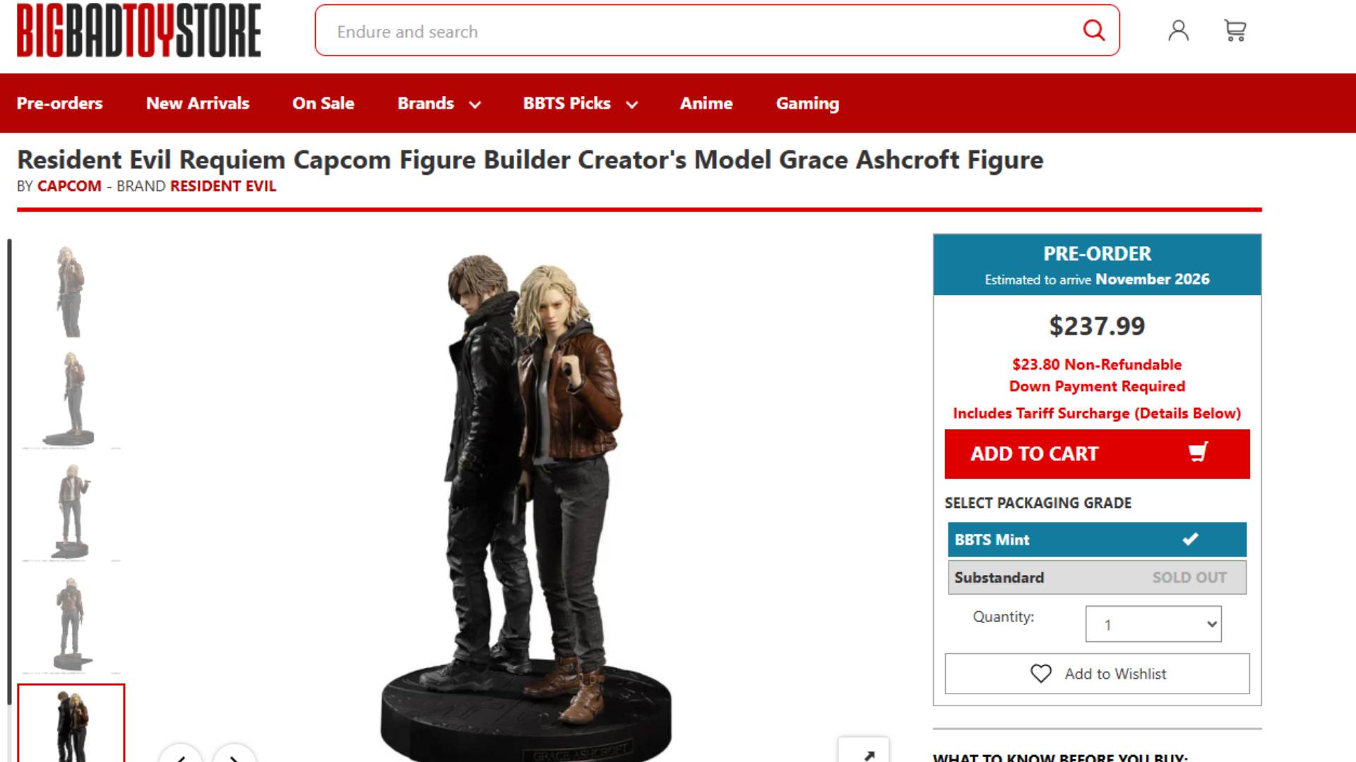 Screenshot from Big Bad Toy Store showing the Capcom Grace and Leon Creator's Model figures.