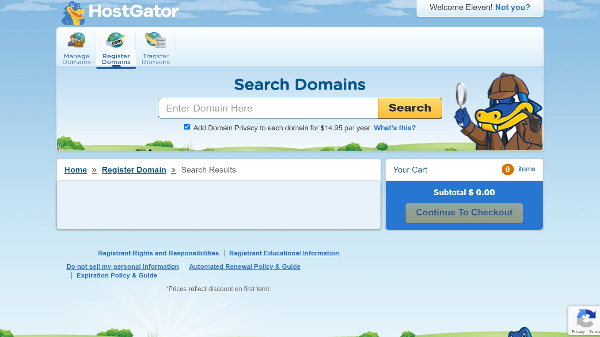 HostGator's domain registration interface