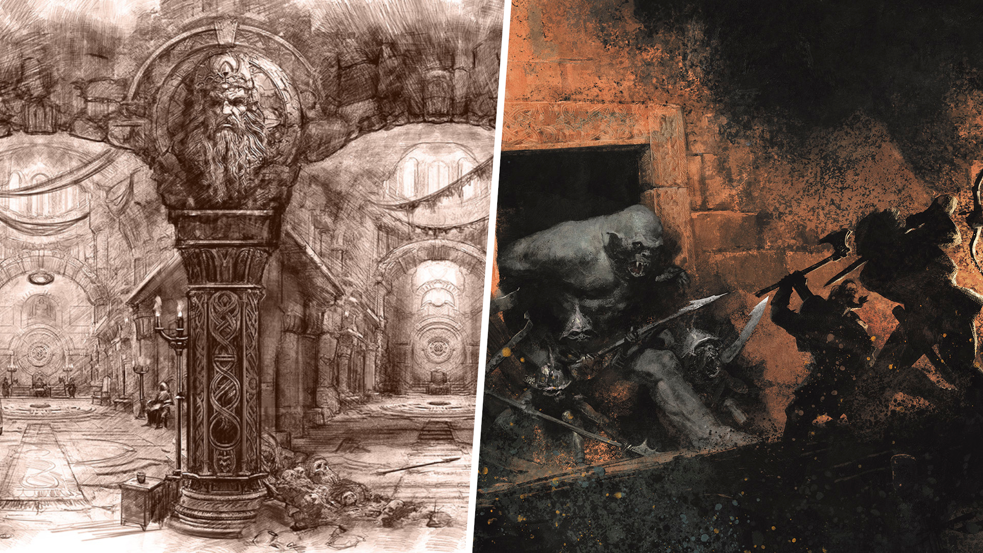 Artwork of sculpted pillars alongside a cave troll attack in Moria - Through the Doors of Durin