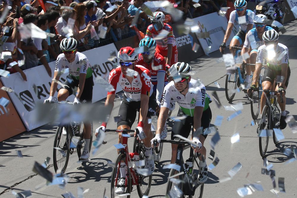 Confetti flies for the start of stage 1 at the 2019 Vuelta a San Juan