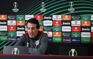 Unai Emery Head Coach of Aston Villa talks to the press during a press conference at Bodymoor Heath training ground on October 04, 2023 in Birmingham, England. (Photo by Neville Williams/Aston Villa FC via Getty Images)