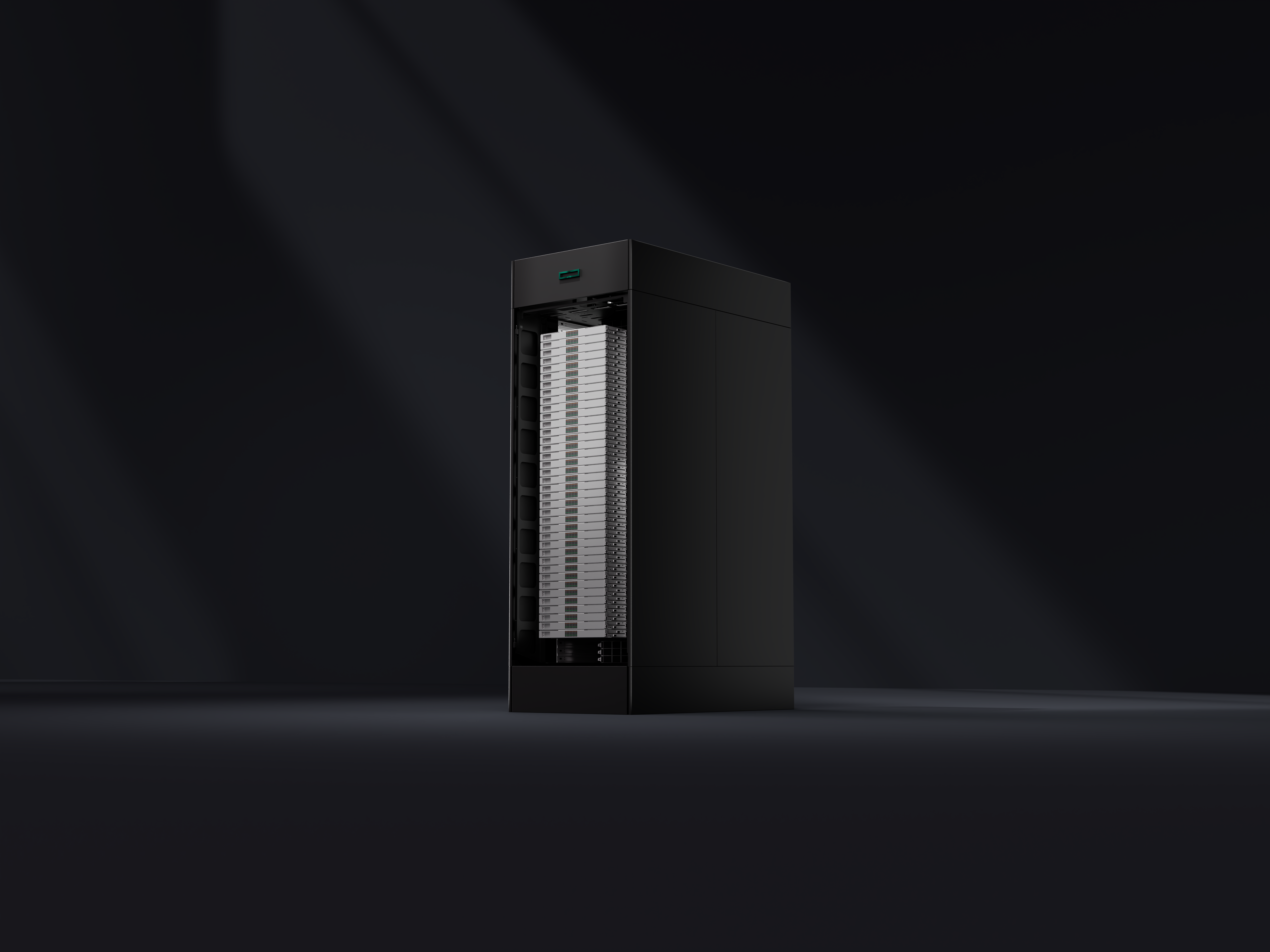HPE Cray Supercomputing GX5000 supercomputing infrastructure rack, showing exposed racks through open front panel.