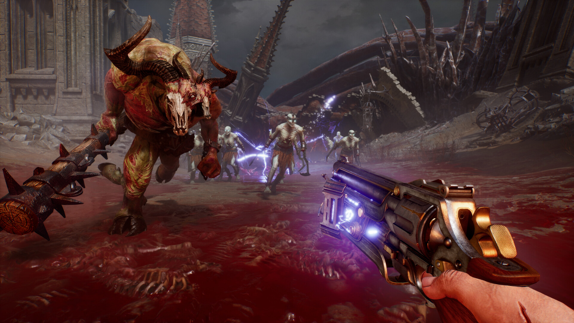 Fighting hordes of demons including a minotaur on bloodstained ground in Painkiller